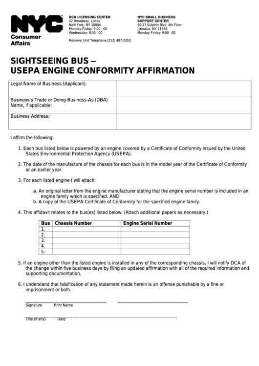 Sightseeing Bus - Usepa Engine Conformity Affirmation - Nyc Department Of Consumer Affairs Printable pdf