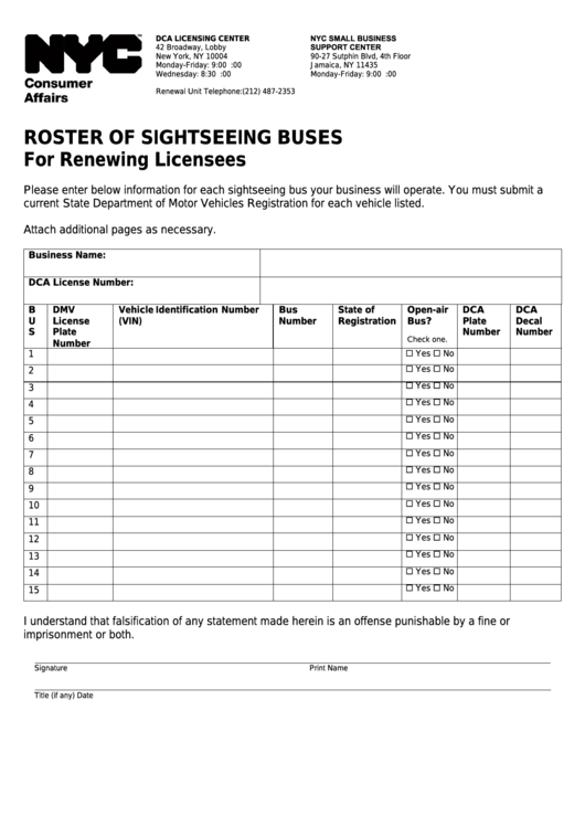 Roster Of Sightseeing Buses For Renewing Licensees - Nyc Department Of Consumer Affairs Printable pdf