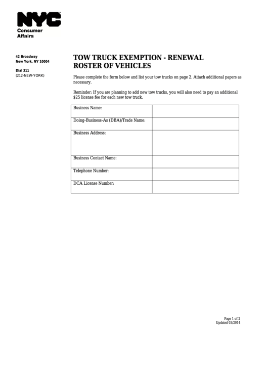Fillable Tow Truck Exemption - Renewal Roster Of Vehicles - Nyc Department Of Consumer Affairs Printable pdf