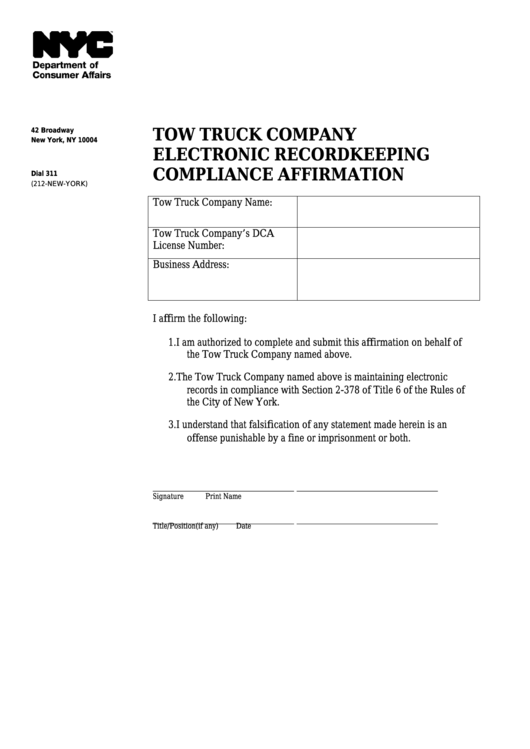 Tow Truck Company Electronic Recordkeeping Compliance Affirmation - Nyc Department Of Consumer Affairs Printable pdf