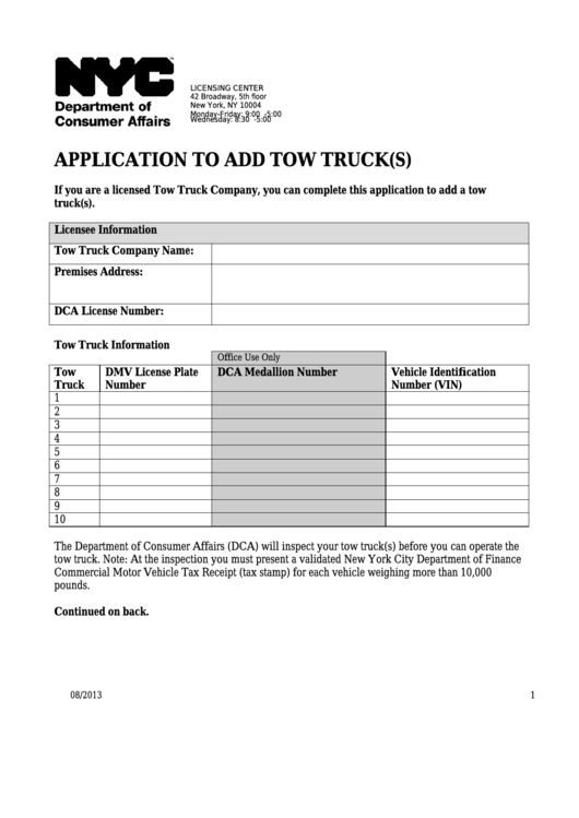 Application To Add Tow Truck(S) - Nyc Department Of Consumer Affairs Printable pdf