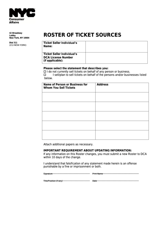 Fillable Roster Of Ticket Sources - Nyc Department Of Consumer Affairs Printable pdf