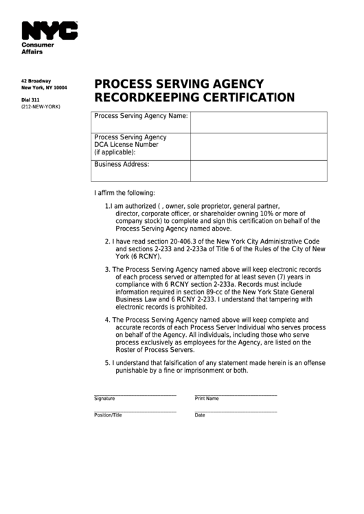 Process Serving Agency Recordkeeping Certification - Nyc Department Of Consumer Affairs Printable pdf