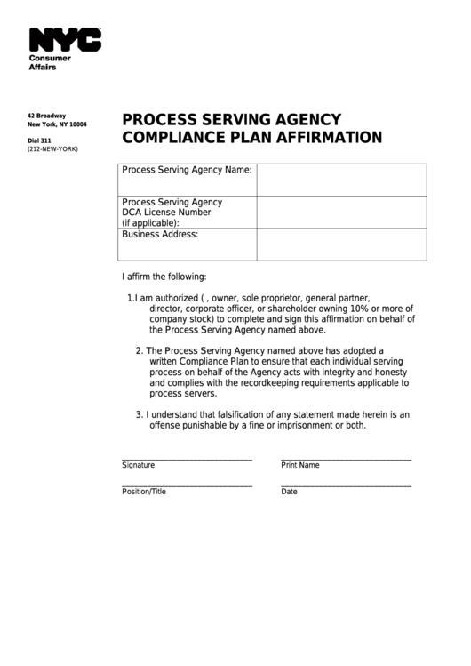 Process Serving Agency Compliance Plan Affirmation - Nyc Department Of Consumer Affairs Printable pdf