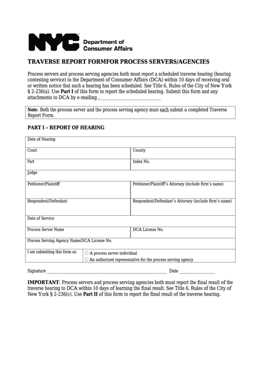 Fillable Traverse Report Form For Process Servers/agencies - Nyc Department Of Consumer Affairs Printable pdf