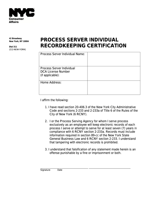 Process Server Individual Recordkeeping Certification - Nyc Department Of Consumer Affairs Printable pdf