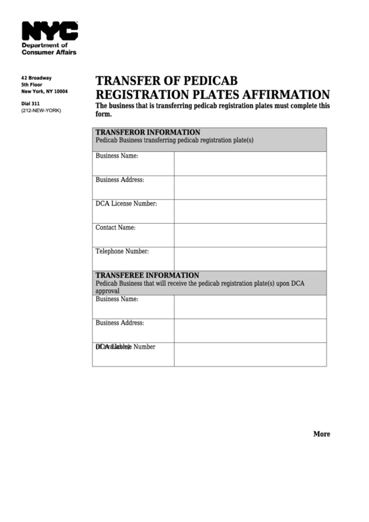Transfer Of Pedicab Registration Plates Affirmation - Nyc Department Of Consumer Affairs Printable pdf