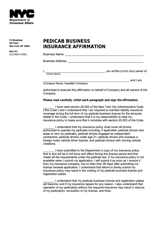 Pedicab Business Insurance Affirmation - Nyc Department Of Consumer Affairs Printable pdf