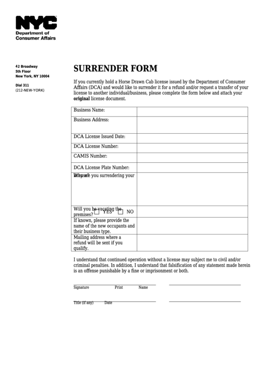 Surrender Form - Nyc Department Of Consumer Affairs Printable pdf