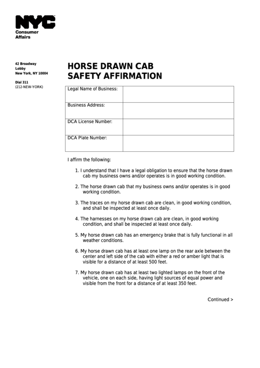 Horse Drawn Cab Safety Affirmation - Nyc Department Of Consumer Affairs Printable pdf