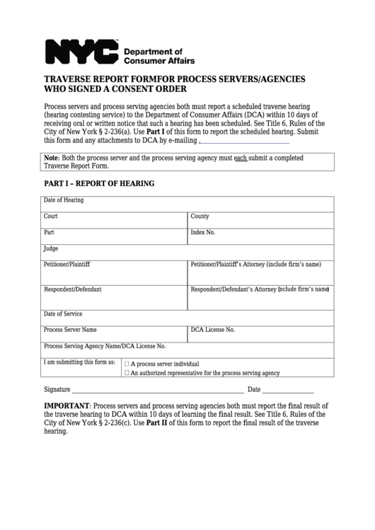 Fillable Traverse Report Form For Process Servers/agencies Who Signed A Consent Order - Nyc Department Of Consumer Affairs Printable pdf