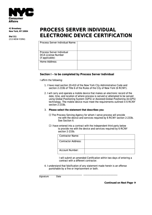 Process Server Individual Electronic Device Certification - Nyc Department Of Consumer Affairs Printable pdf