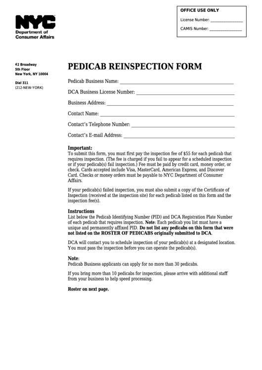 Pedicab Reinspection Form - Nyc Department Of Consumer Affairs Printable pdf