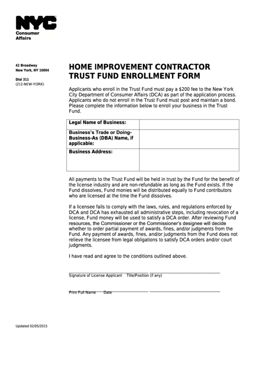 Home Improvement Contractor Trust Fund Enrollment Form - Nyc Department Of Consumer Affairs Printable pdf