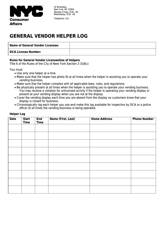 General Vendor Helper Log - Nyc Department Of Consumer Affairs Printable pdf