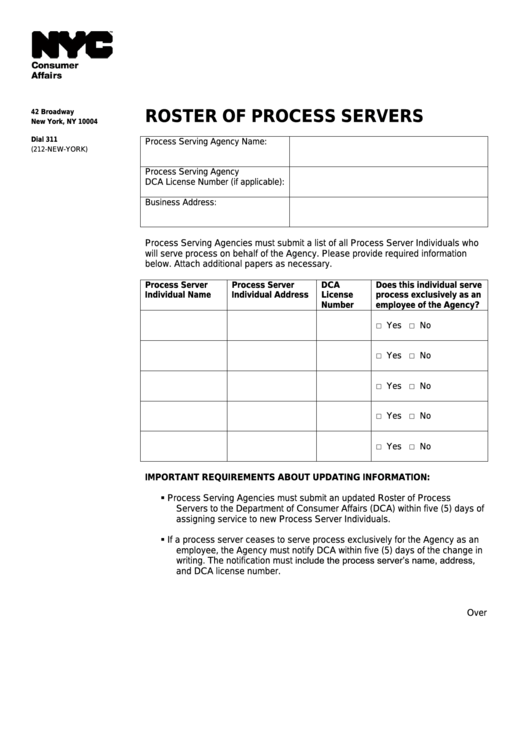 Roster Of Process Servers - Nyc Department Of Consumer Affairs Printable pdf