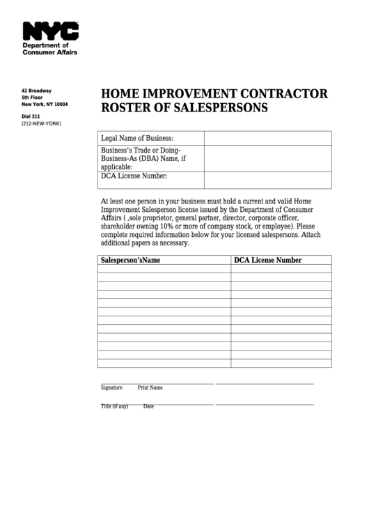 Fillable Home Improvement Contractor Roster Of Salespersons - Nyc Department Of Consumer Affairs Printable pdf