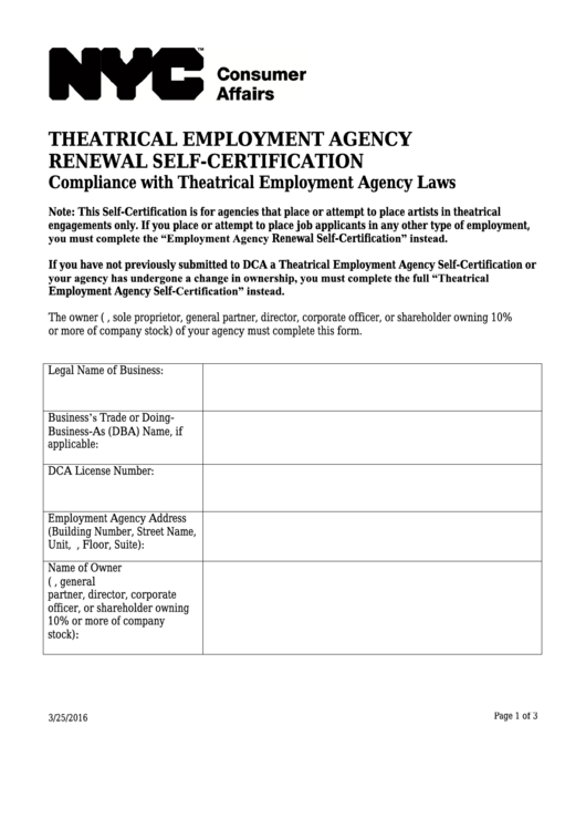 Fillable Theatrical Employment Agency Renewal Self-Certification - Nyc Department Of Consumer Affairs Printable pdf