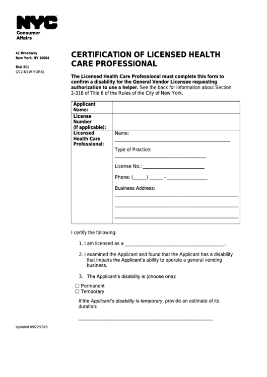 Certification Of Licensed Health Care Professional - Nyc Department Of Consumer Affairs Printable pdf