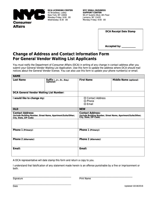 Change Of Address And Contact Information Form For General Vendor Waiting List Applicants - Nyc Department Of Consumer Affairs Printable pdf