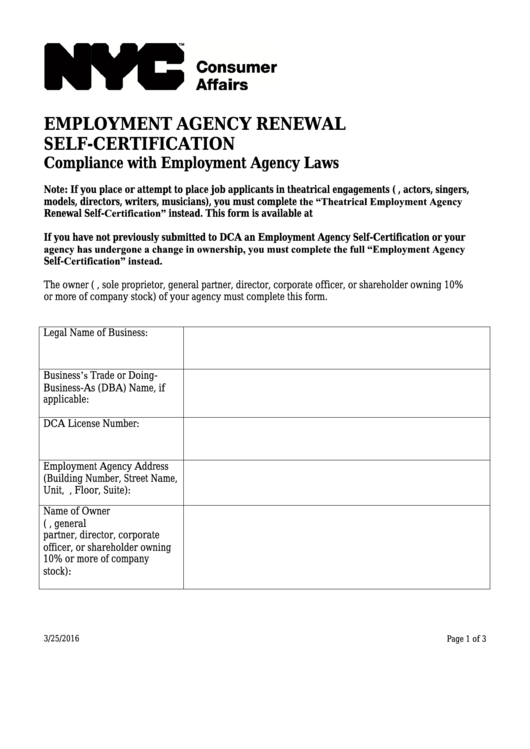 Fillable Employment Agency Renewal Self-Certification - Nyc Department Of Consumer Affairs Printable pdf
