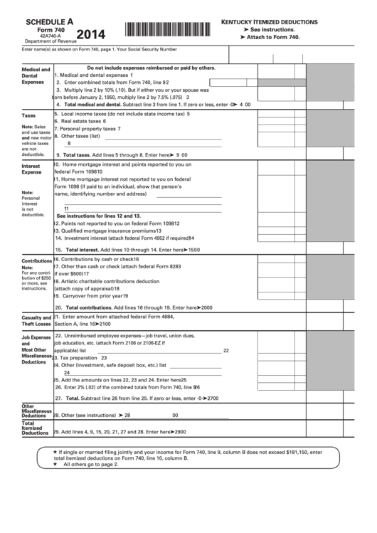 Fillable Schedule A (Form 740) - Kentucky Itemized Deductions - 2014 Printable pdf