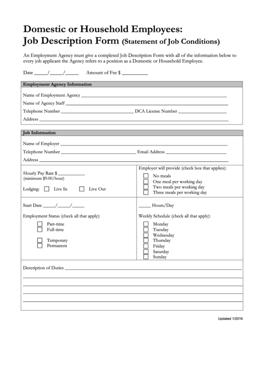 Domestic Or Household Employees: Job Description Form Printable pdf