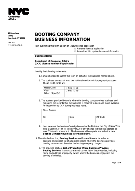 Booting Company Business Information - Nyc Department Of Consumer Affairs Printable pdf