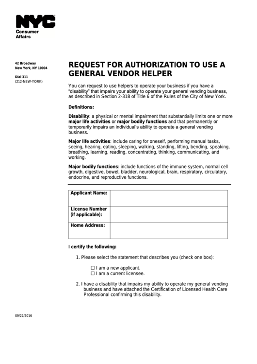 Request For Authorization To Use A General Vendor Helper - Nyc Department Of Consumer Affairs Printable pdf