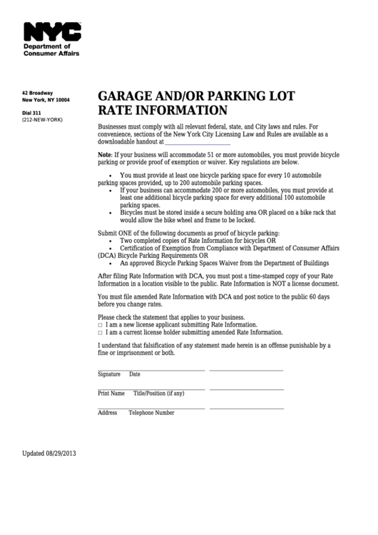 Garage And/or Parking Lot Rate Information - Nyc Department Of Consumer Affairs Printable pdf