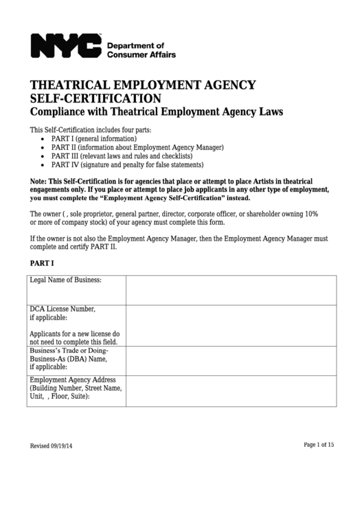Fillable Theatrical Employment Agency Self-Certification - Nyc Department Of Consumer Affairs Printable pdf