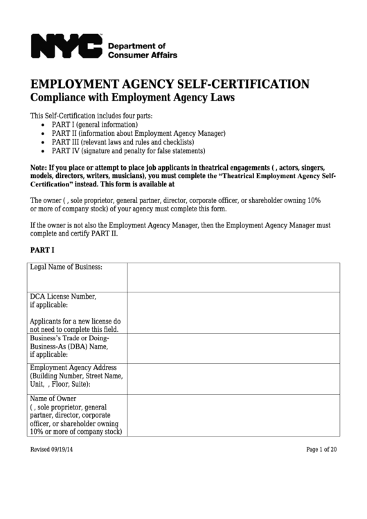Fillable Employment Agency Self-Certification - Nyc Department Of Consumer Affairs Printable pdf