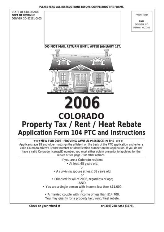 Instructions For Form 104 Ptc - Colorado Property Tax / Rent / Heat Rebate Application - 2006 Printable pdf