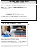 Adu To Signs With Mls' Union - Middle School Reading Article Worksheet