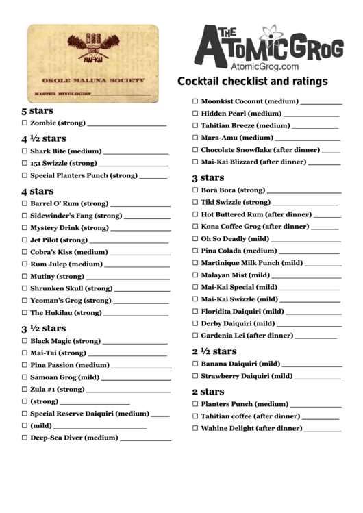 Cocktail Checklist Template And Ratings - The Atomic Grog Printable pdf