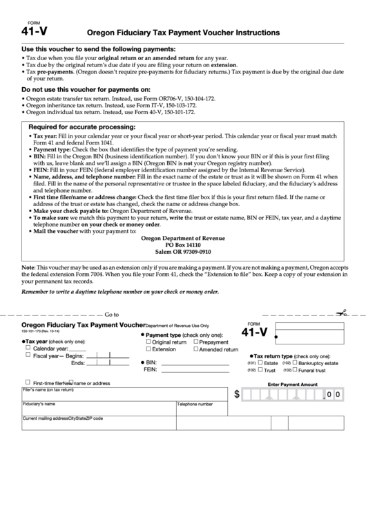 Form 41-V - Oregon Fiduciary Tax Payment Voucher Instructions Printable pdf