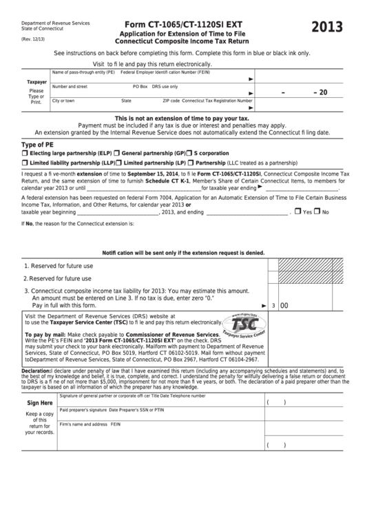 Form Ct-1065/ct-1120si Ext - Application For Extension Of Time To File Connecticut Composite Income Tax Return - 2013 Printable pdf