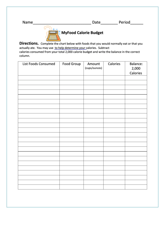 Myfood Calorie Budget Worksheet Printable pdf
