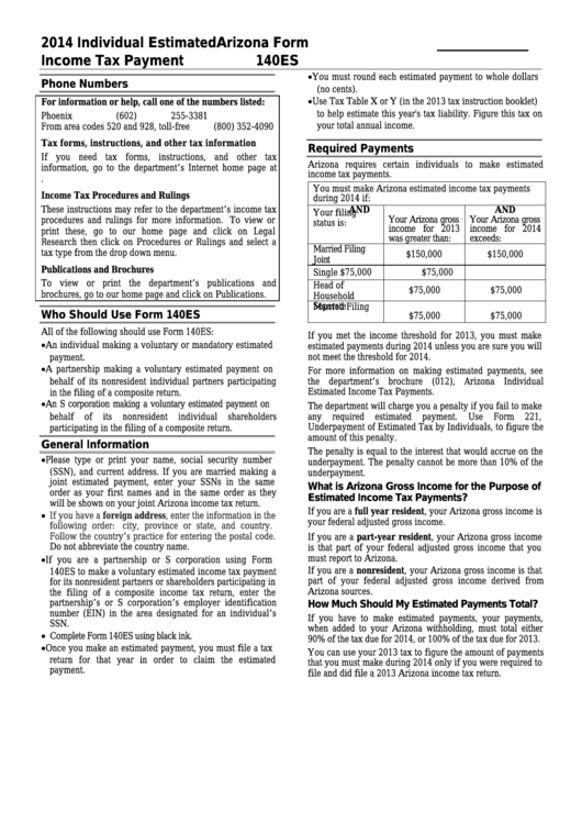 Arizona Form 140es - Individual Estimated Income Tax Payment - 2014