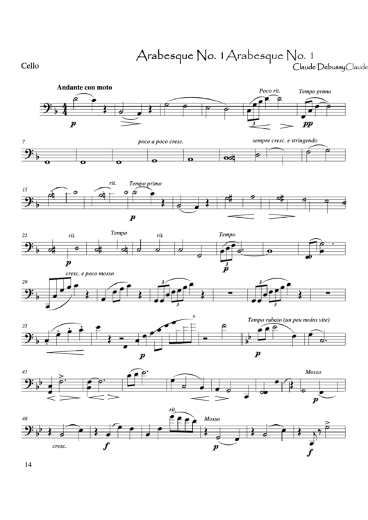 Claude Debussy - Arabesque 1 Cello Sheet Music Printable pdf