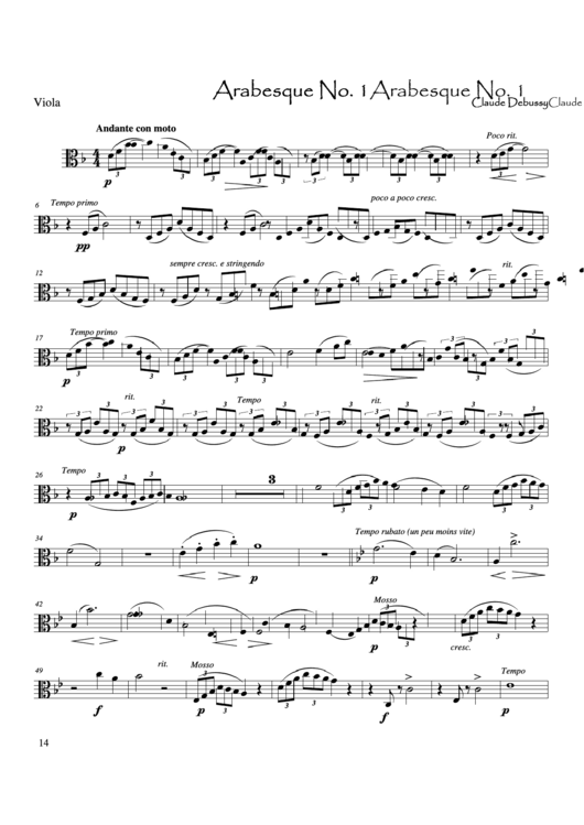 Claude Debussy - Arabesque No1 Viola Sheet Music