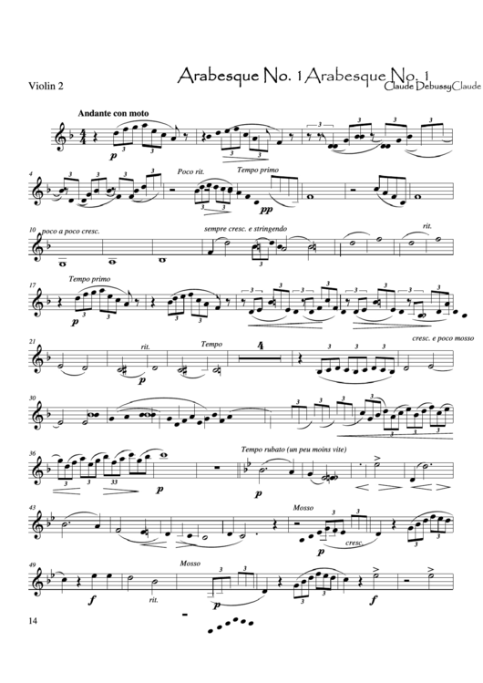 Claude Debussy - Arabesque No1 Violin Sheet Music Printable pdf