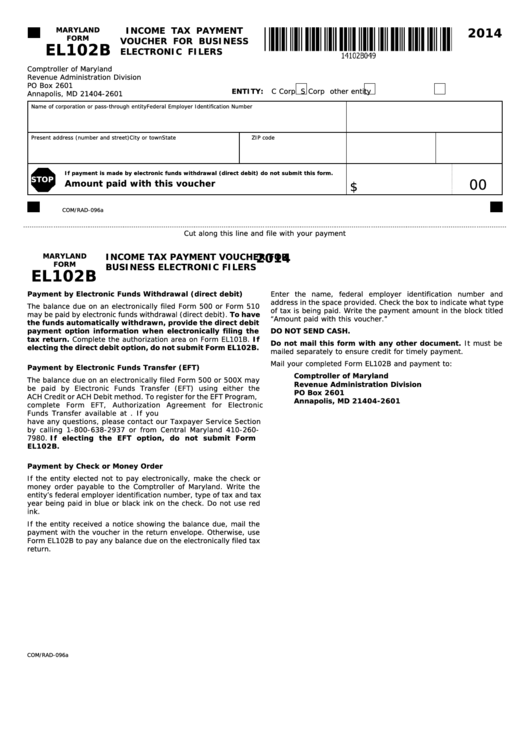 Fillable Form El102b - Income Tax Payment Voucher For Business Electronic Filers - 2014 Printable pdf