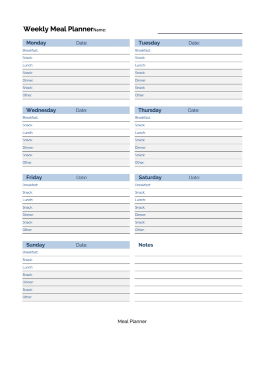 Fillable Weekly Meal Planner Template Printable pdf