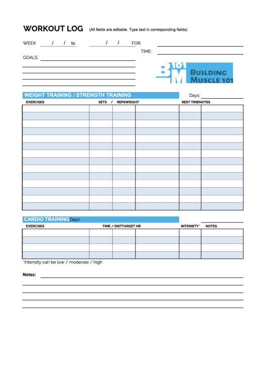 Fillable Weight Training Chart And Log Printable pdf