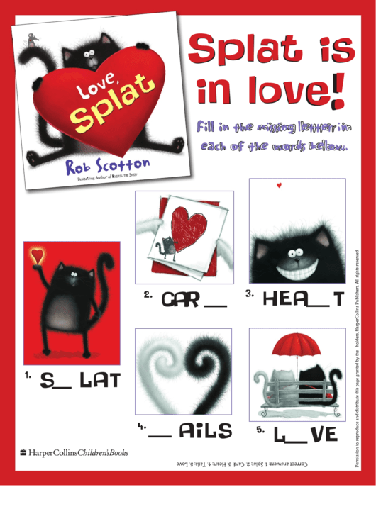 Splat Is In Love Missing Letter Activity Sheet With Answers Printable pdf