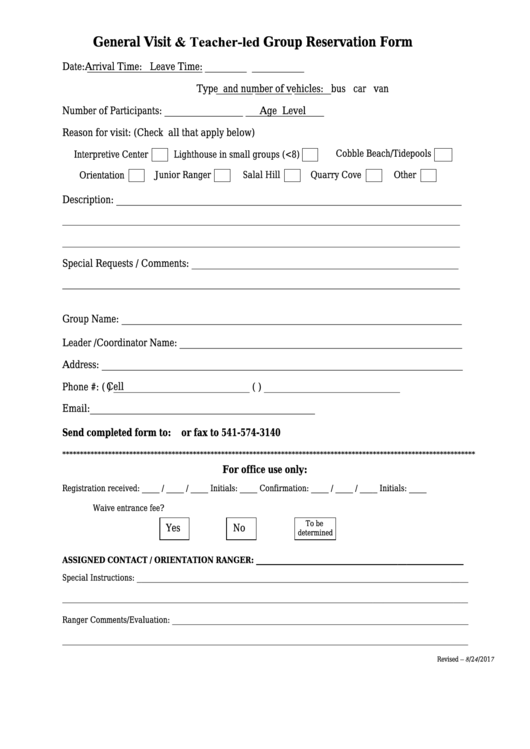 Fillable General Visit & Teacher-Led Group Reservation Form - U.s. Department Of The Interior Printable pdf