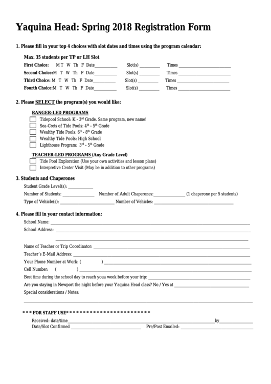 Yaquina Head: Spring 2018 Registration Form - U.s. Department Of The Interior Printable pdf