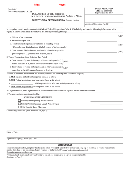 Fillable Form 5460-17 - Substitution Determination Printable pdf