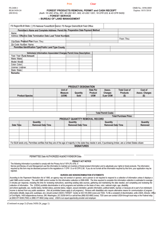 Fillable Form Fs-2400-1 - Forest Products Removal Permit And Cash Receipt Printable pdf